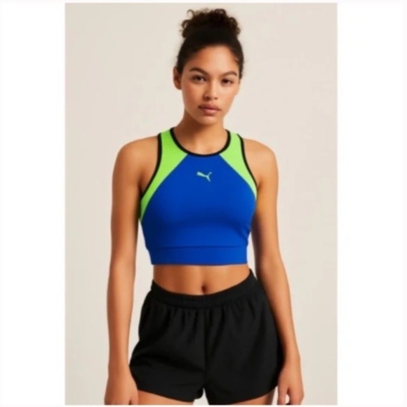 NWT PUMA Activewear Xtreme Colorblock Crop Top Blue & Green XS - Picture 1 of 4